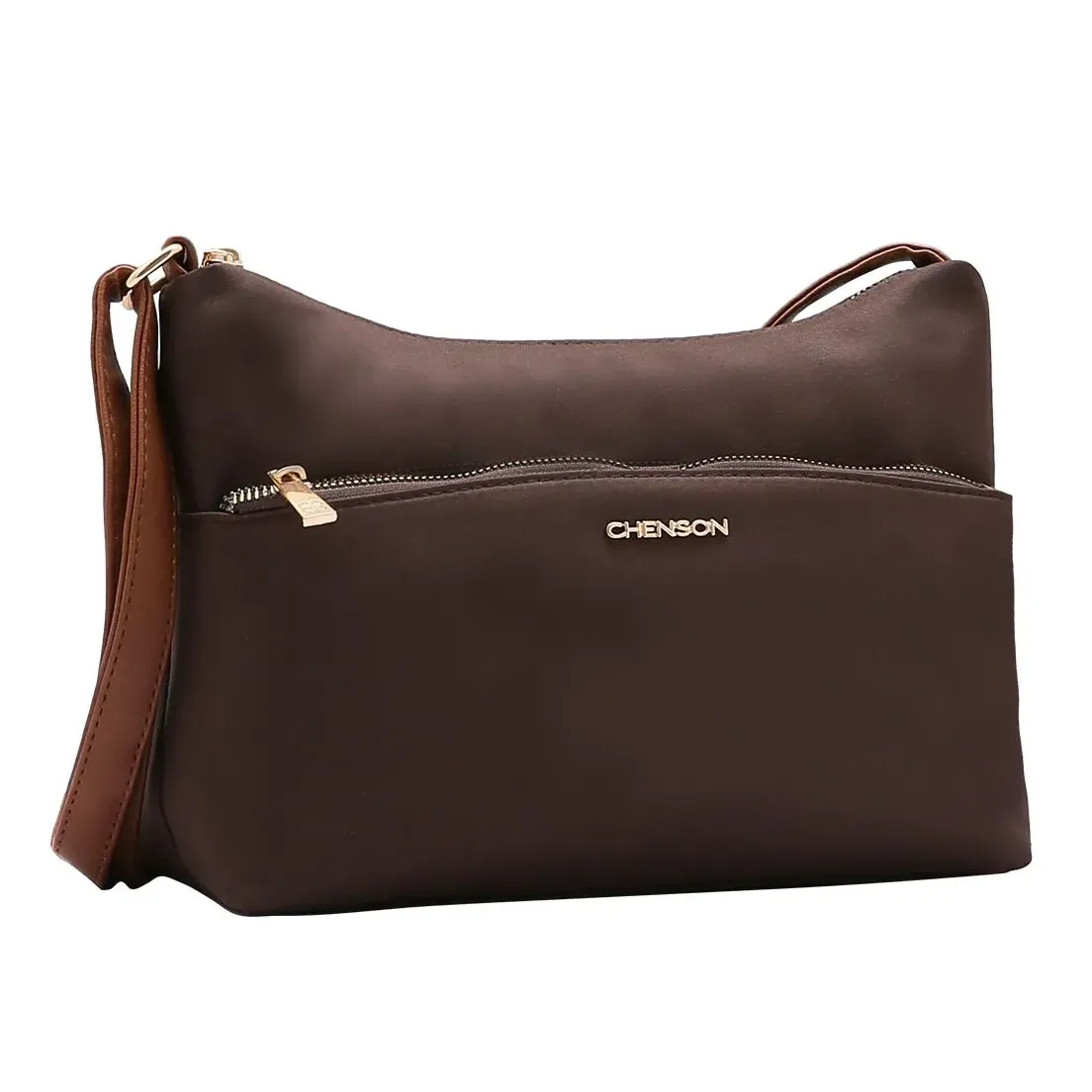 Bolsa transversal Chenson feminina cor café vista frontal com bolso e alça ajustável.